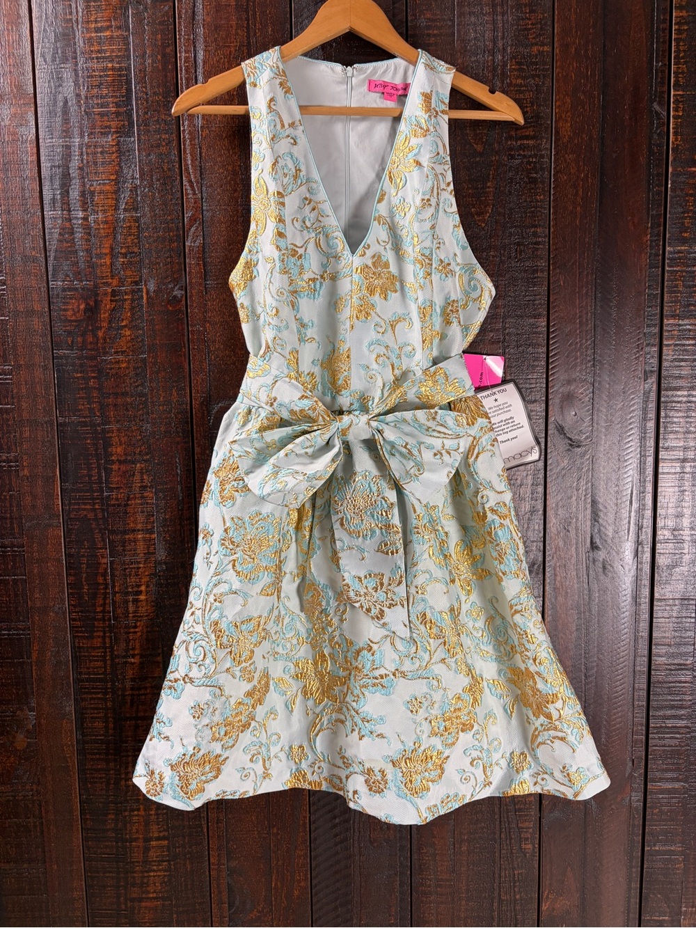 Betsey Johnson Light Blue and Gold Jacquard Brocade Dress with Waist Bow 12